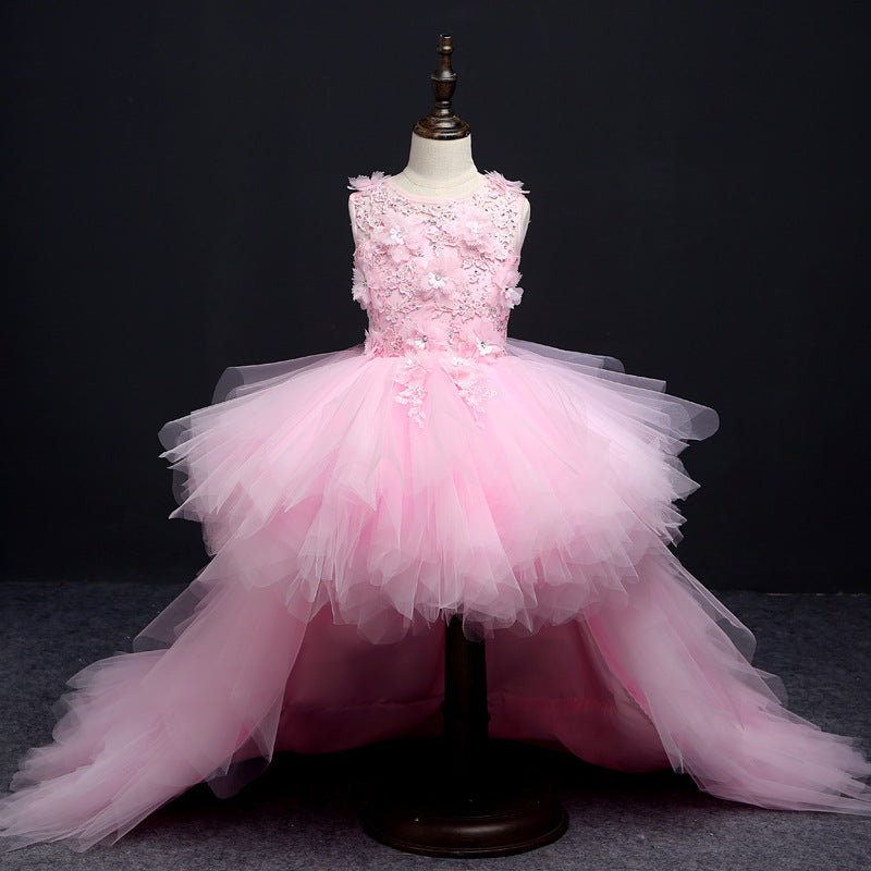 Cute Embroidered A-Line Flower Girl Dress with High-Low Train Lace Tiered Party Gown FleurKids Cute Embroidered A-Line Flower Girl Dress with High-Low Train Lace Tiered Party Gown FleurKids