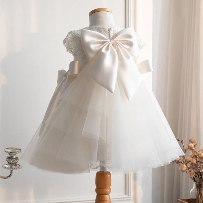 White Lace A-Line Flower Girl Dress with Bow & Tea Length for Parties