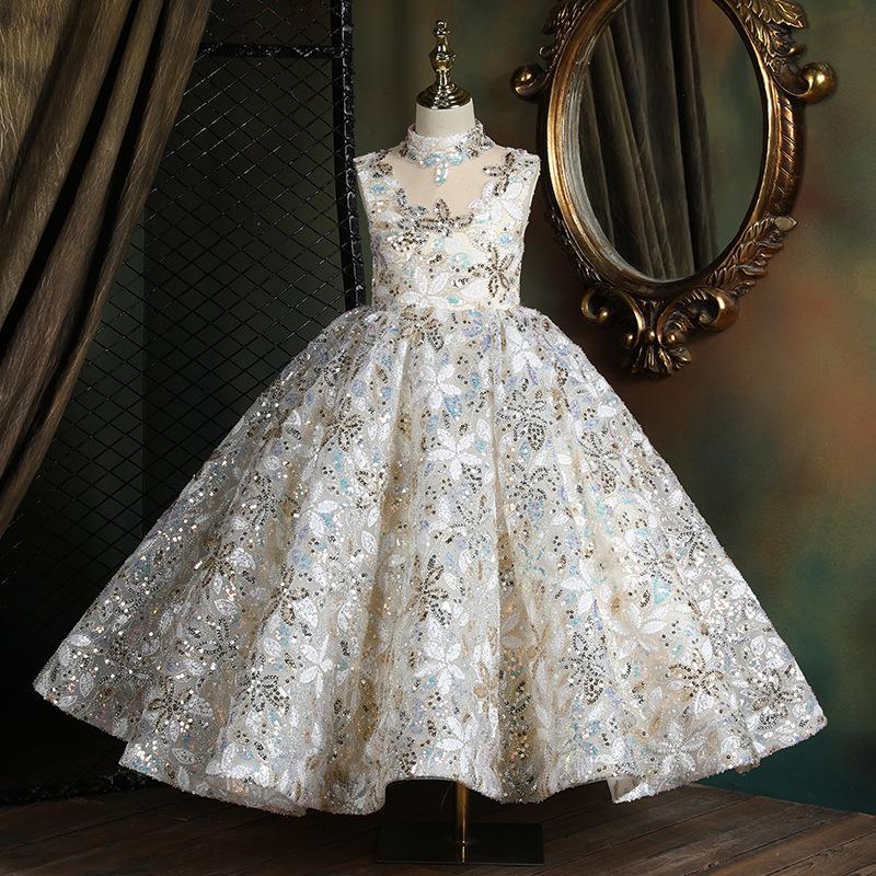 A-line Maxi Sequin Flower Girl Dress with Cross-back Tie - Multicolor / Printed / 9-10 Years (150cm)