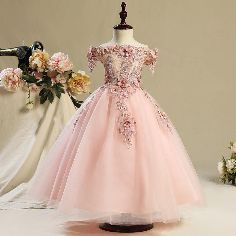 A-Line Off-Shoulder Maxi Tulle Flower Girl Dress with Appliques - Dark Red / 9-10 Years (150cm)