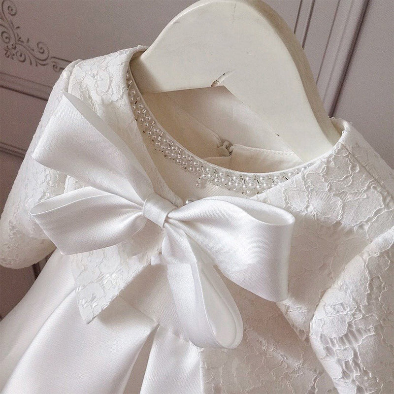 Baby Girl White Lace Party Dress with Bowknot | Cute Tea Length Flower Girl Dress