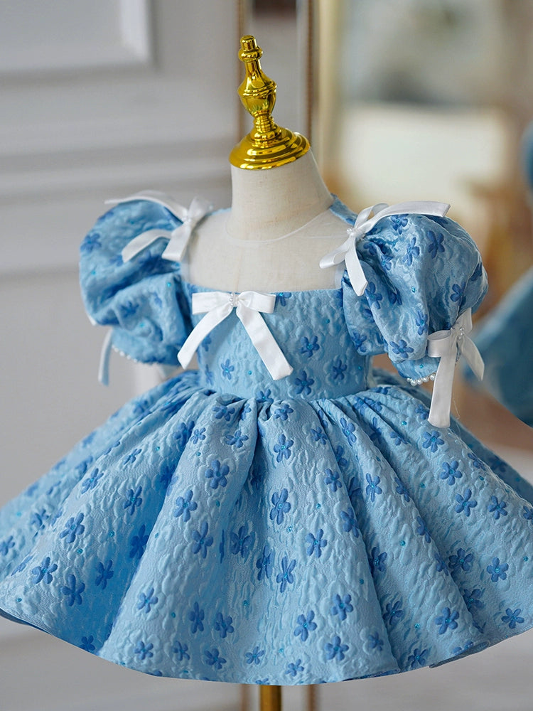 Blue Puffy Princess Ball Gown Dress for Girls with Illusion Neckline