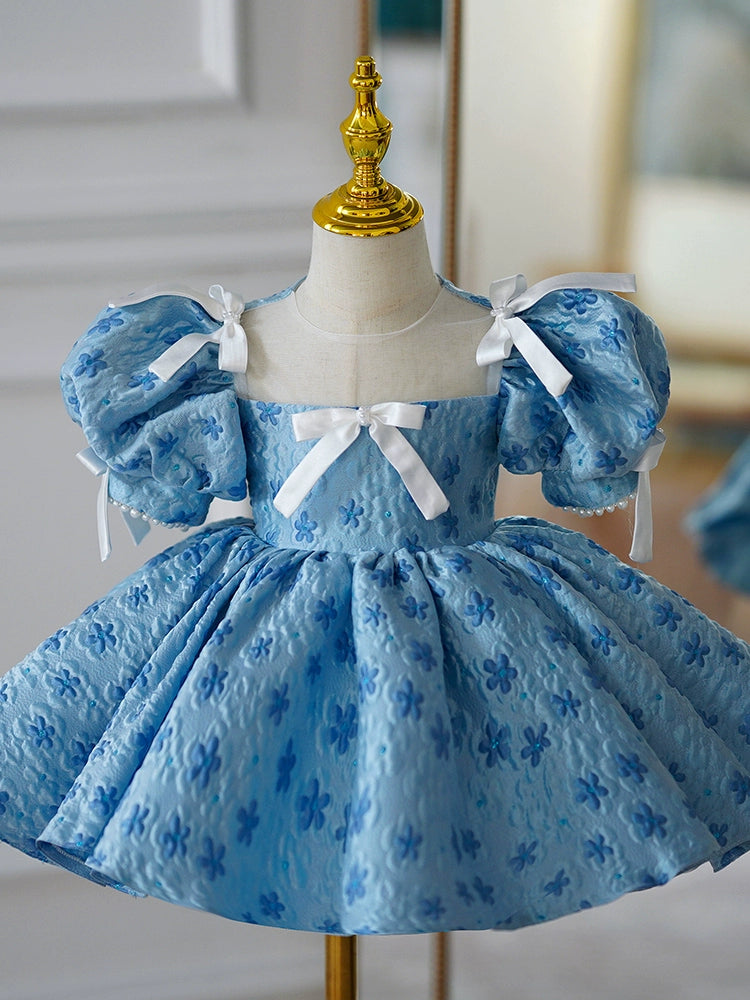 Blue Puffy Princess Ball Gown Dress for Girls with Illusion Neckline