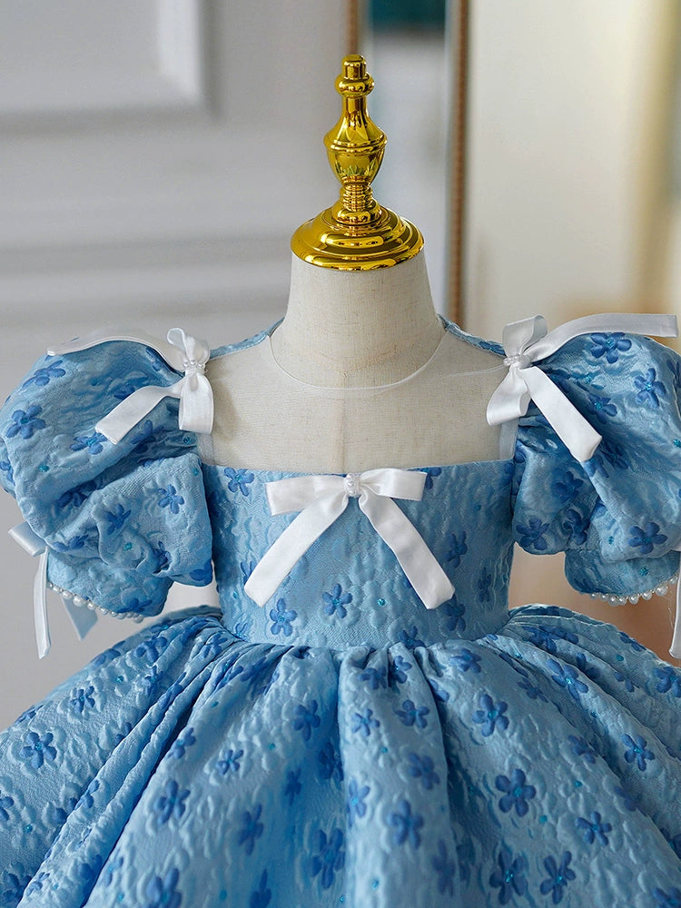 Blue Puffy Princess Ball Gown Dress for Girls with Illusion Neckline