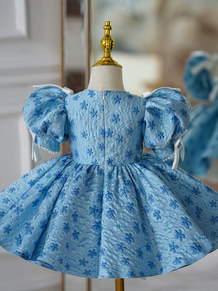 Blue Puffy Princess Ball Gown Dress for Girls with Illusion Neckline