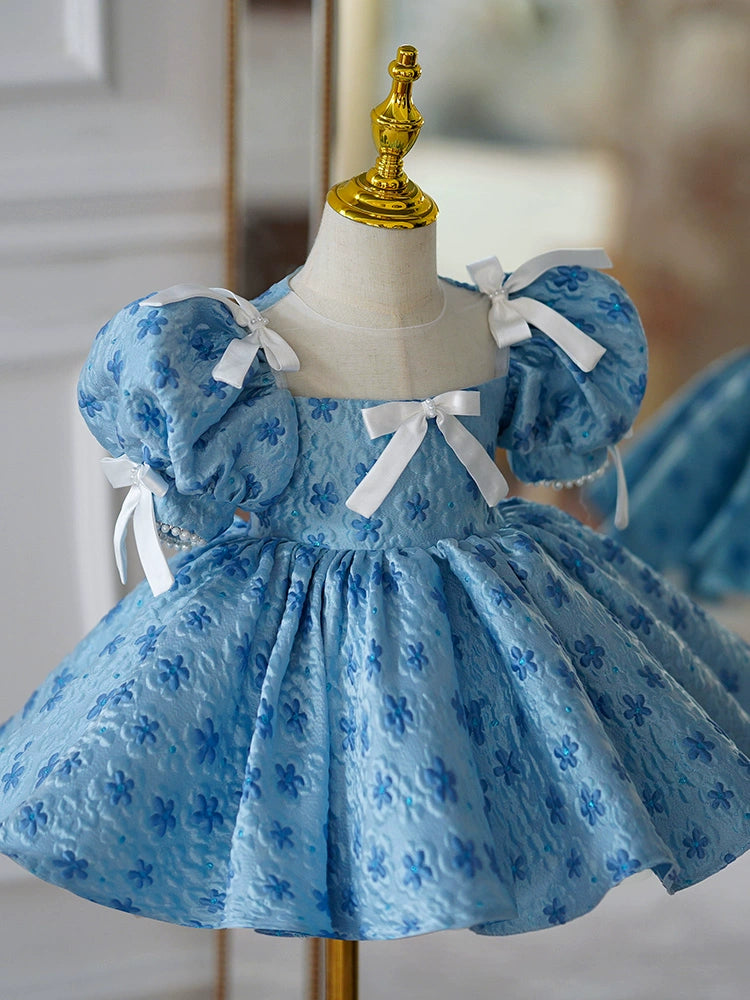 Blue Puffy Princess Ball Gown Dress for Girls with Illusion Neckline