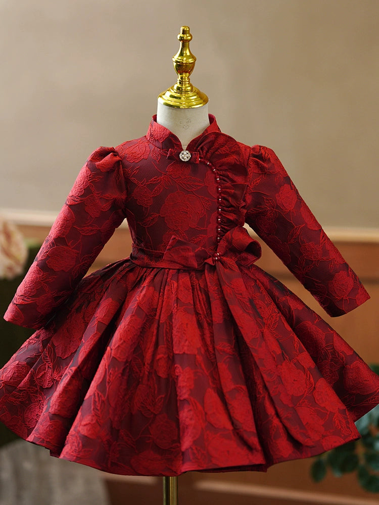 Burgundy Princess Ball Gown – Floral & Sequin Satin Dress for Girls
