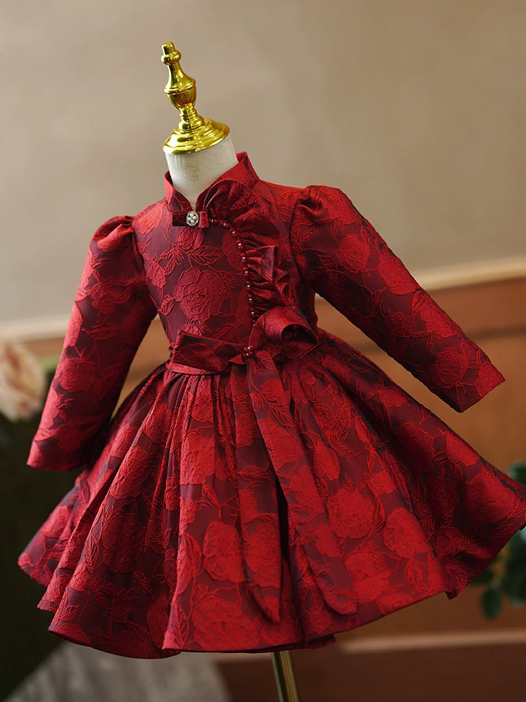 Burgundy Princess Ball Gown – Floral & Sequin Satin Dress for Girls