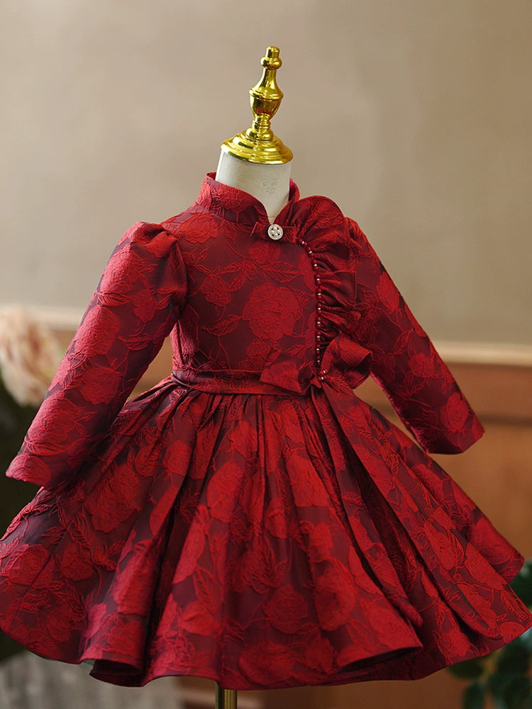 Burgundy Princess Ball Gown – Floral & Sequin Satin Dress for Girls