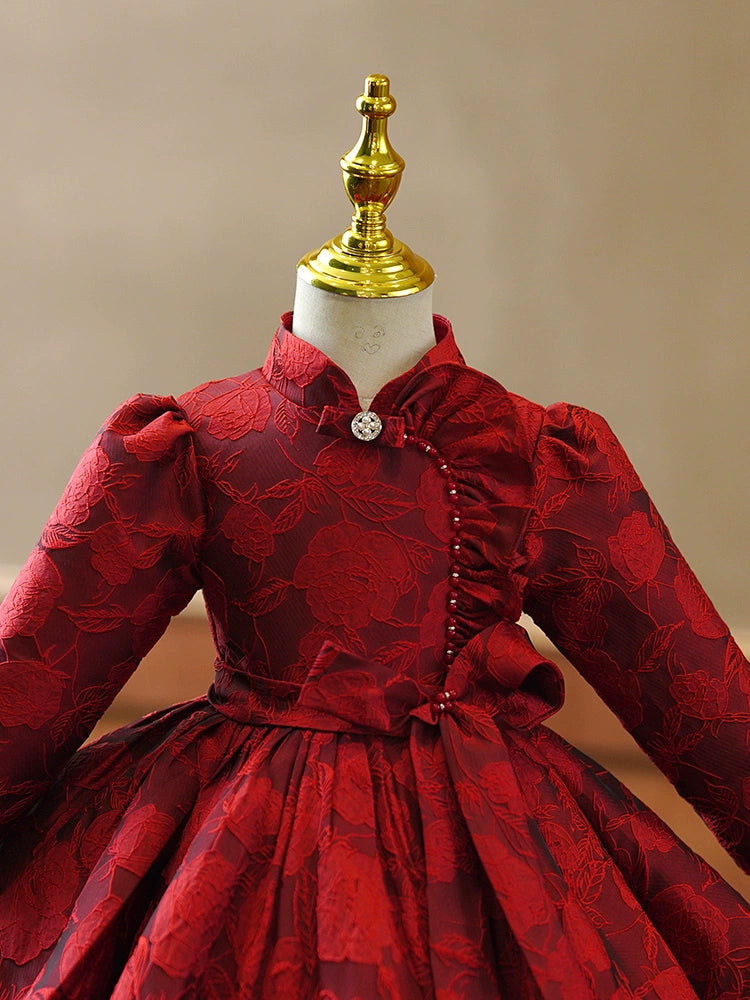Burgundy Princess Ball Gown – Floral & Sequin Satin Dress for Girls