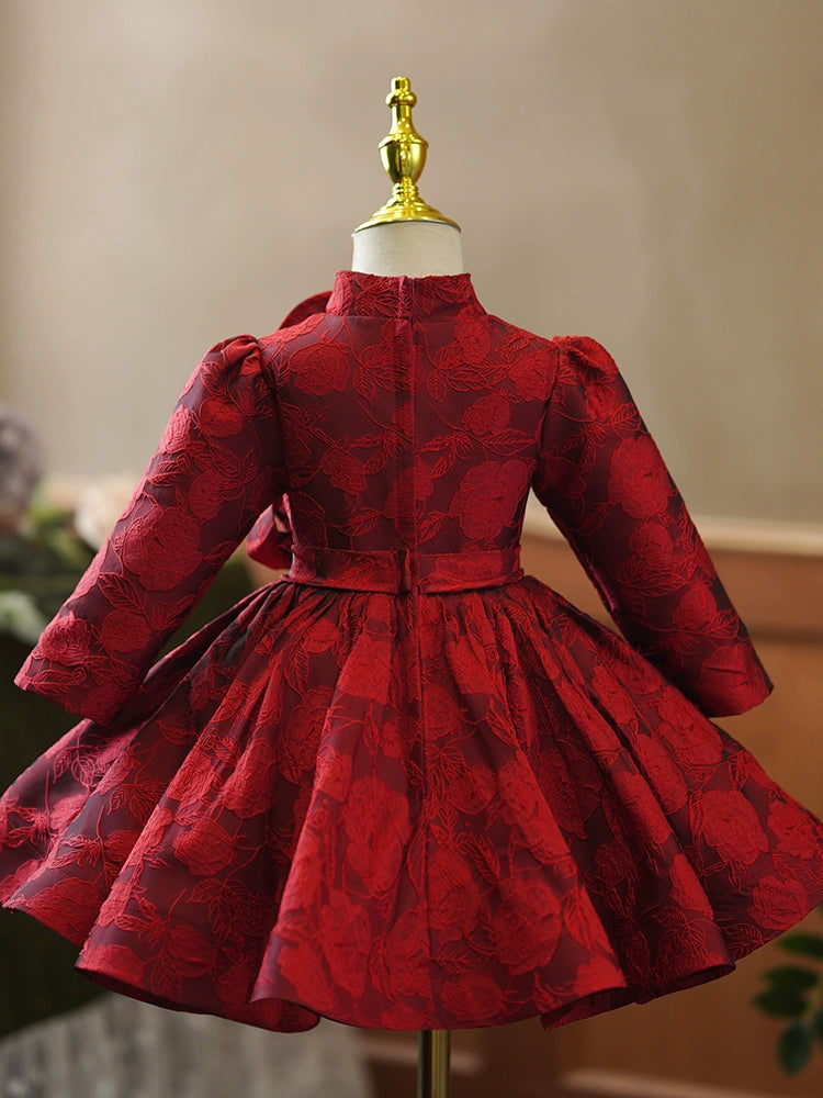 Burgundy Princess Ball Gown – Floral & Sequin Satin Dress for Girls