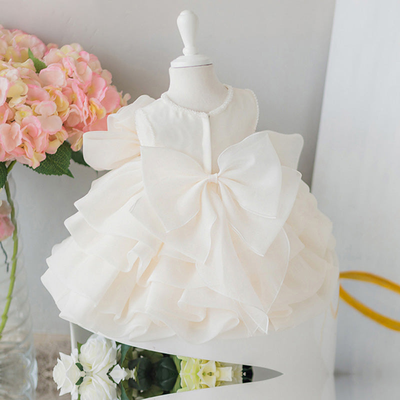 Cute Champagne Flower Girl Dress for Special Occasions | A-Line, Bow & Floral Embellishments