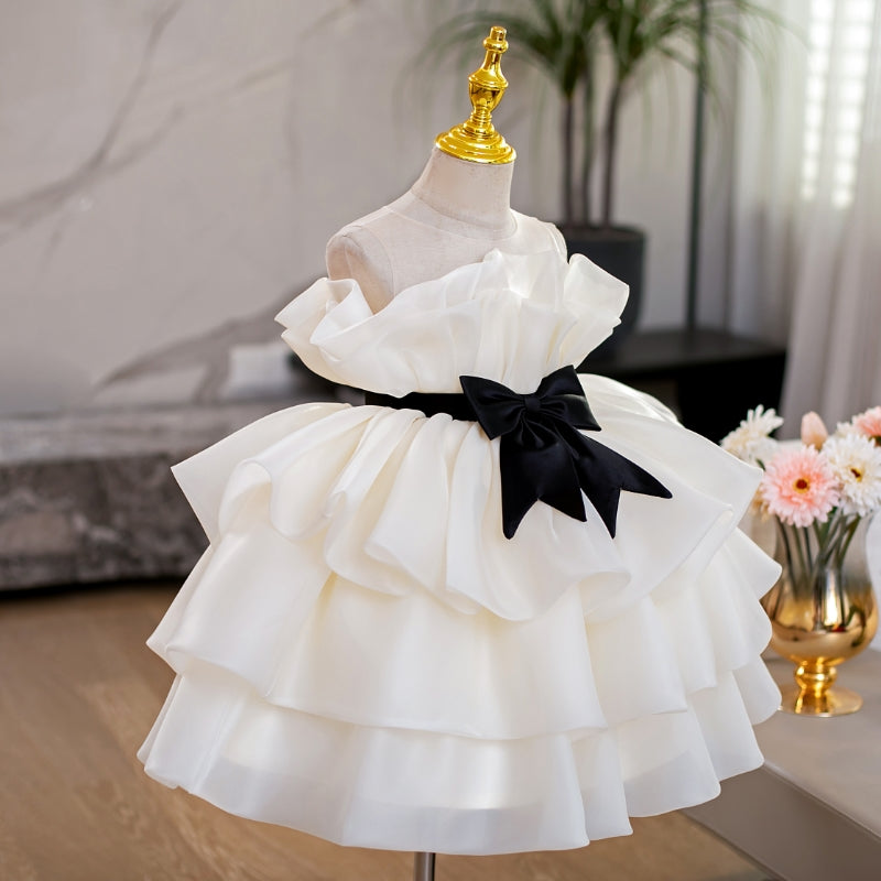 Champagne Mesh A-Line Flower Girl Party Dress with Bow – Kids Formal Wear