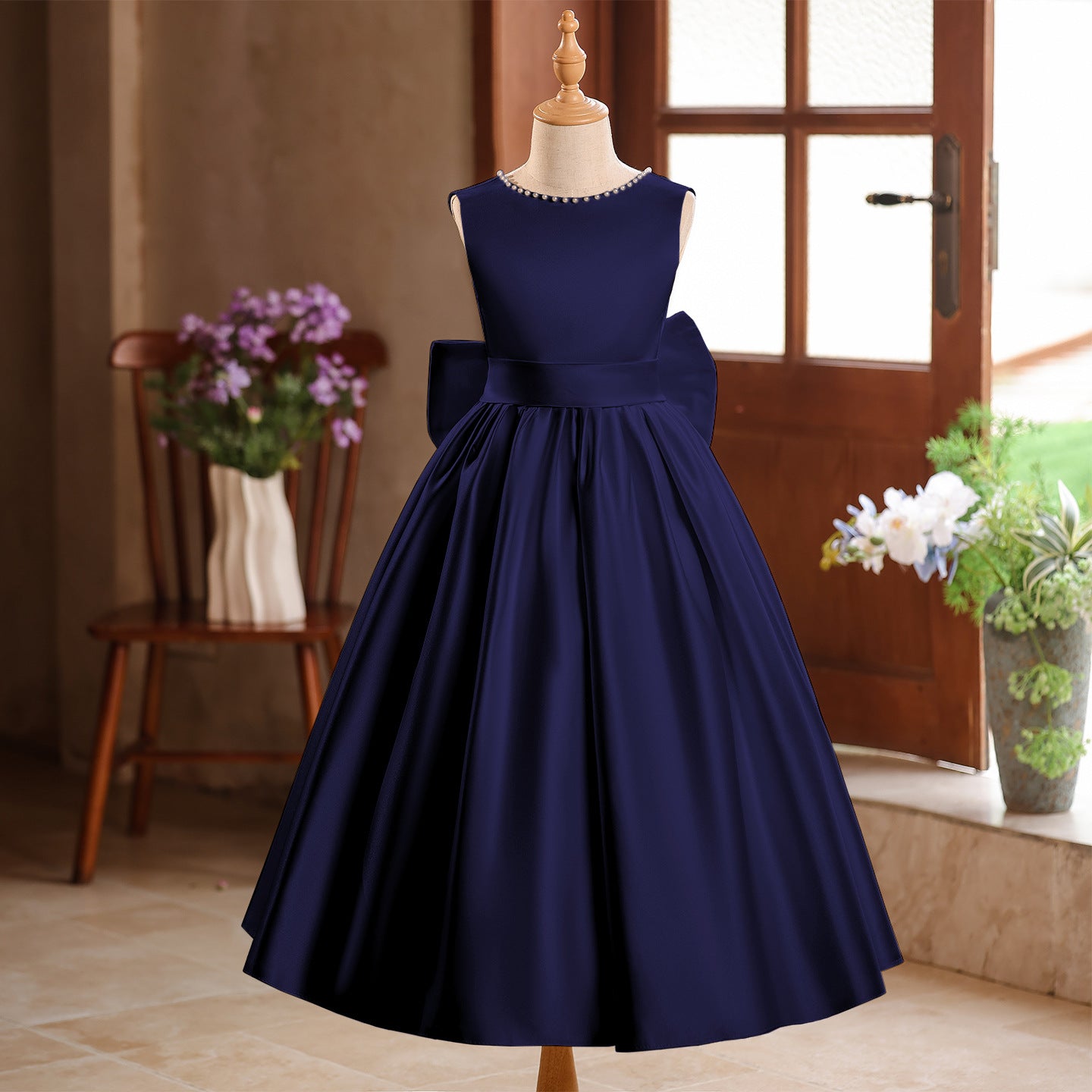 Champagne A-Line Flower Girl Maxi Dress with Bow and Sequins | Girls Formal Princess Gown