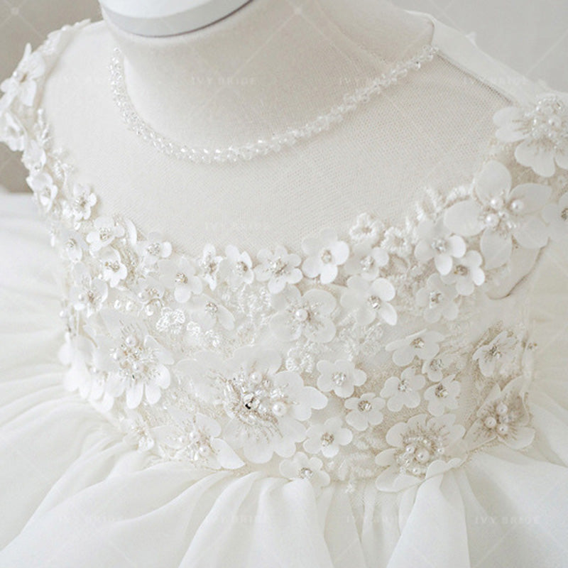 A-Line White Flower Girl Dress with Flowers & Beads – Cute Knee-Length Party Dress for Kids