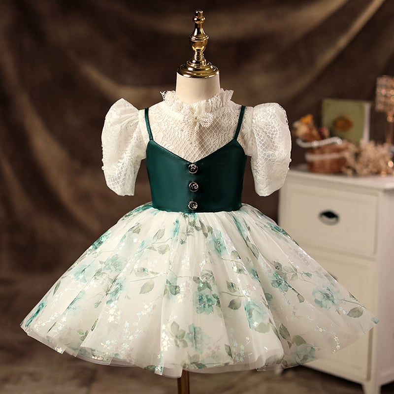 Dark Green Puffy Lace Flower Girl Dress - Dark Green / 2-3 Years (100cm)