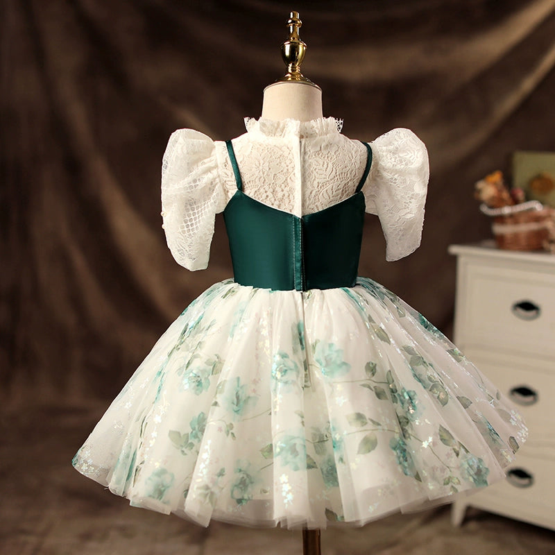 Dark Green Puffy Flower Girl Dress – Lace Princess Ball Gown for Parties & Weddings