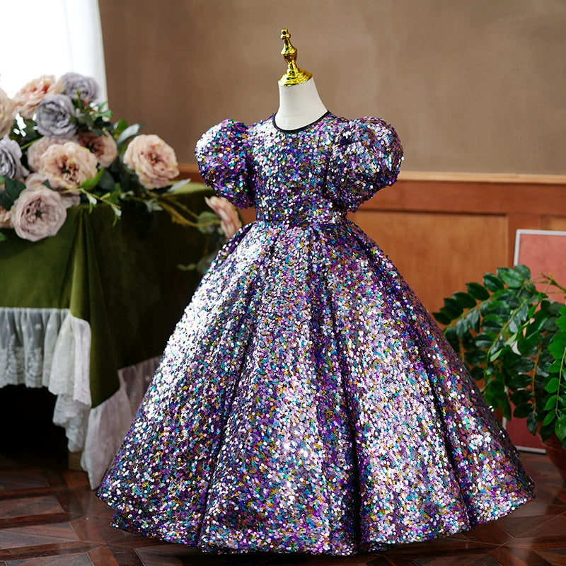 Dark Purple Sequin Princess Ball Gown Flower Girl Dress | Party & Formal Wear