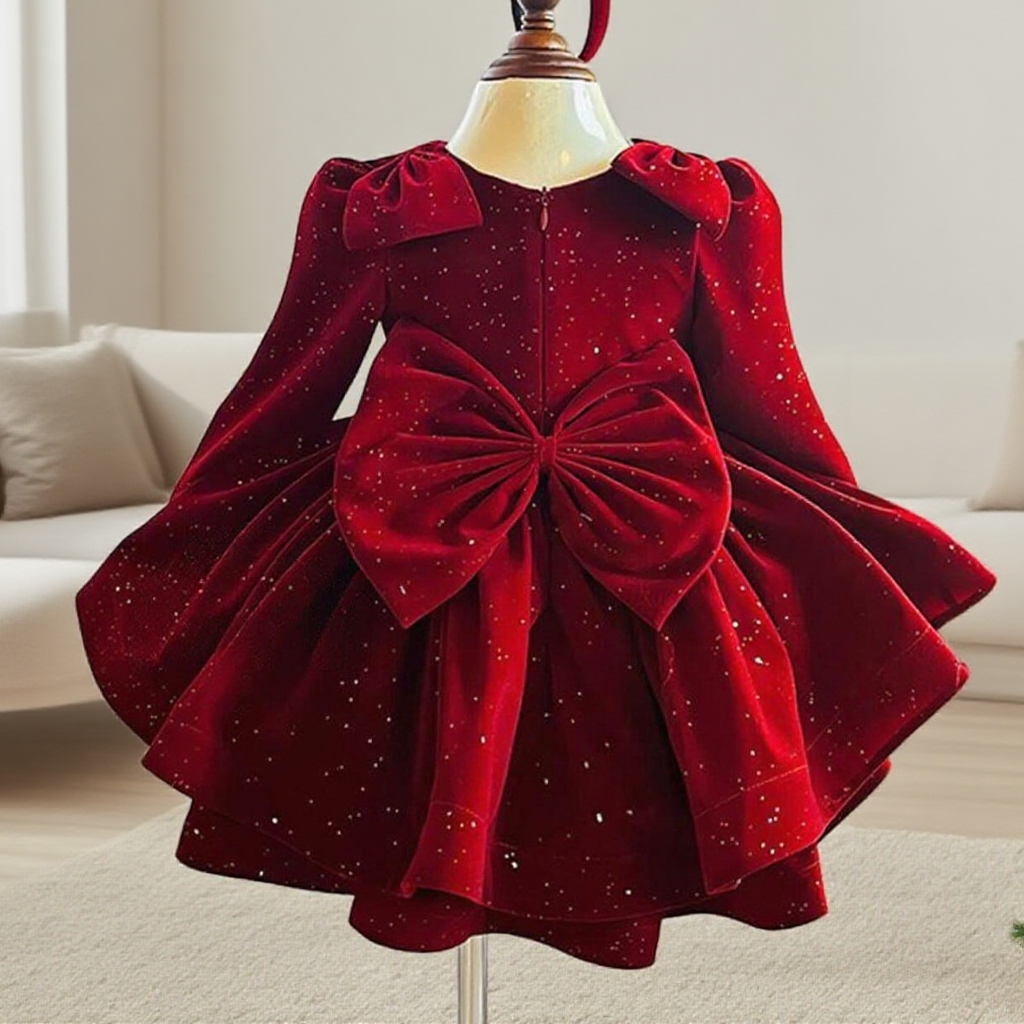 Dark Red Sequin Bowknot Kids A-Line Party Dress – Elegant Toddler & Girl Special Occasion Outfit