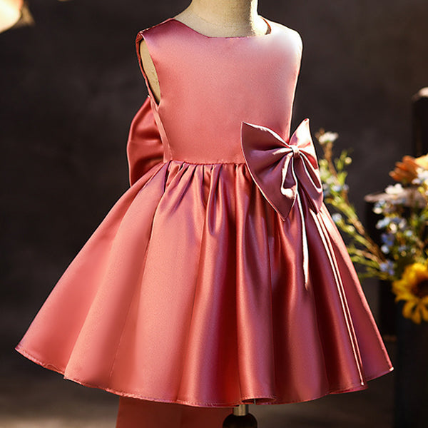 Elegant Puffy Bow Satin A-Line Party Dress for Girls | Knee Length Formal Dress