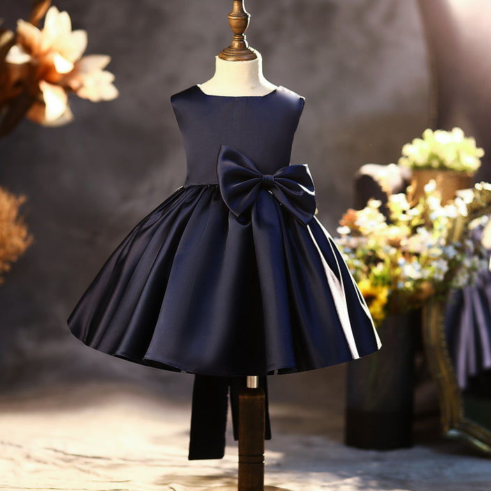 Elegant Puffy Bow Satin A-Line Party Dress for Girls | Knee Length Formal Dress