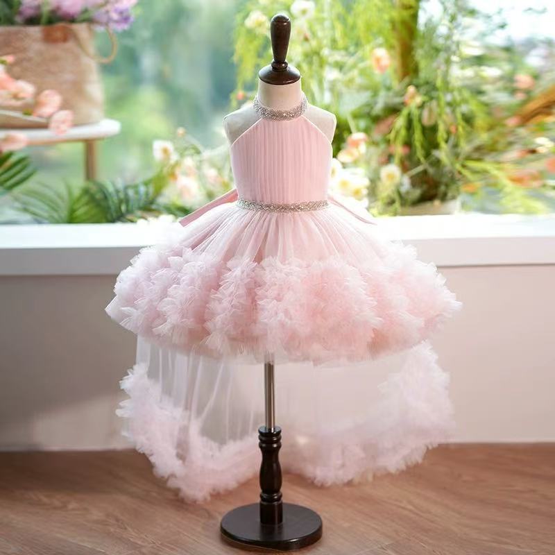 A-Line Halter Tulle Girls Party Dress – Sequins, Bowknot & High-Low Train