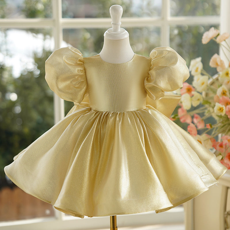 Gold Princess Puffy Ball Gown for Girls with Bow & Ruffles