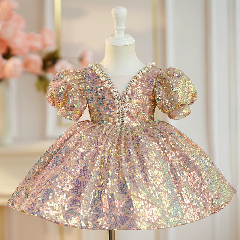 Gold Sequin Princess Ball Gown for Girls – Fairy Style Flower Girl Dress