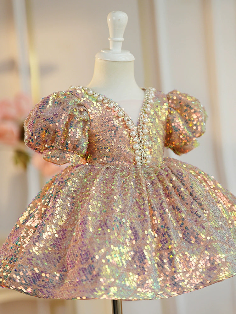 Gold Sequin Princess Ball Gown for Girls – Fairy Style Flower Girl Dress