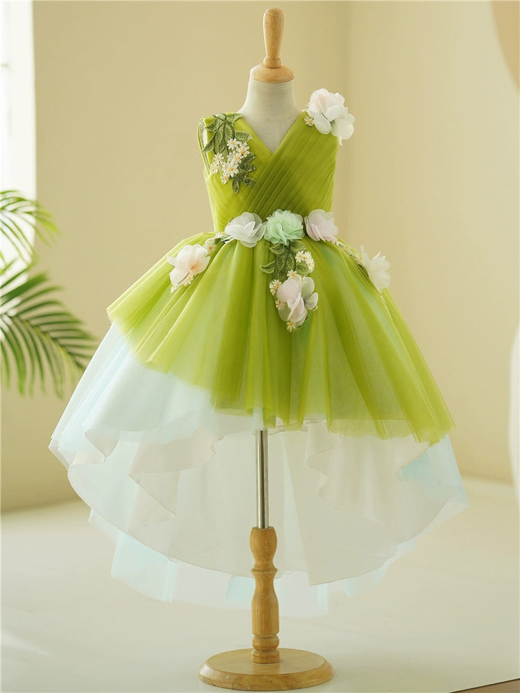 Green A-Line High-Low Tulle Flower Girl Dress with Floral Appliqué | Kids' Party & Wedding Outfit
