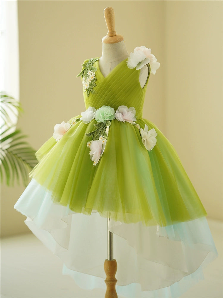 Green A-Line High-Low Tulle Flower Girl Dress with Floral Appliqué | Kids' Party & Wedding Outfit