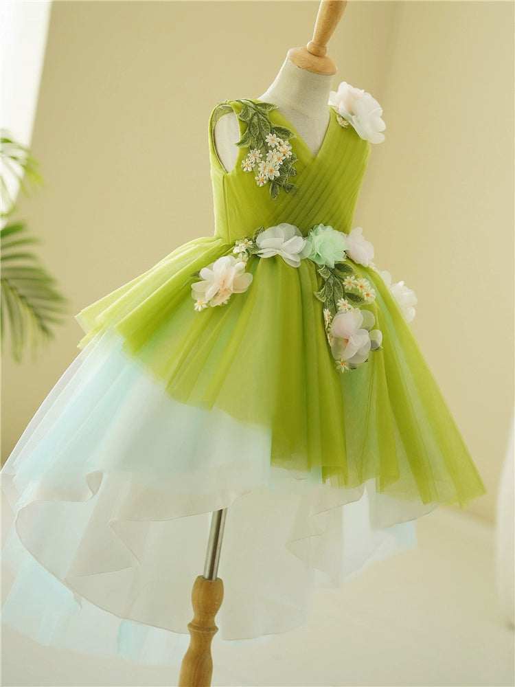 Green A-Line High-Low Tulle Flower Girl Dress with Floral Appliqué | Kids' Party & Wedding Outfit