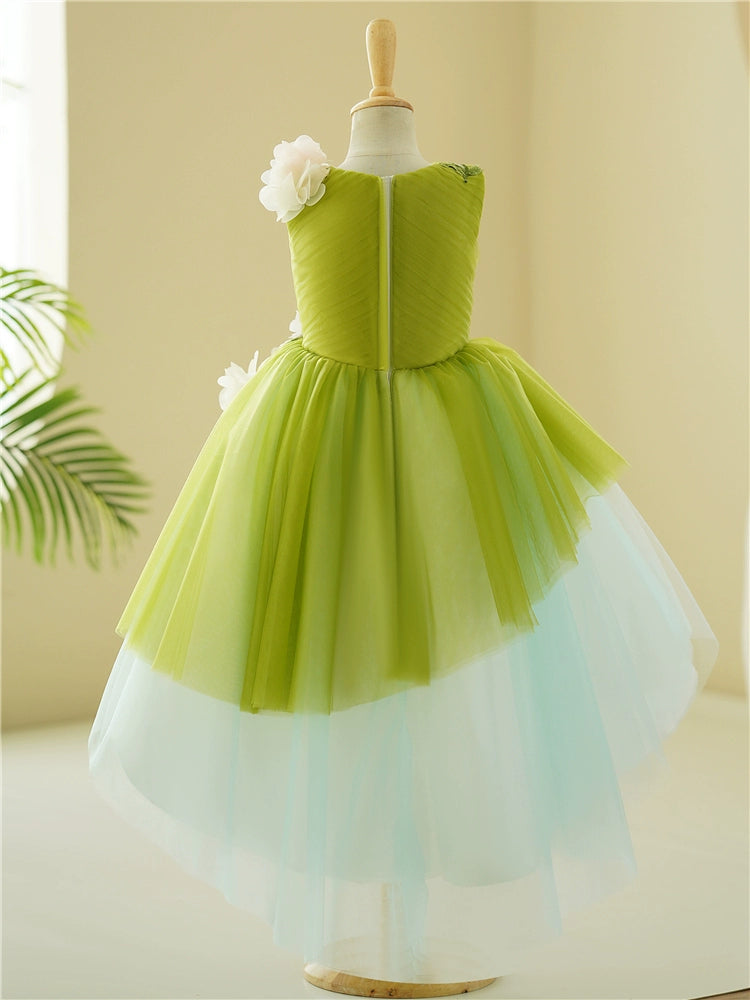 Green A-Line High-Low Tulle Flower Girl Dress with Floral Appliqué | Kids' Party & Wedding Outfit
