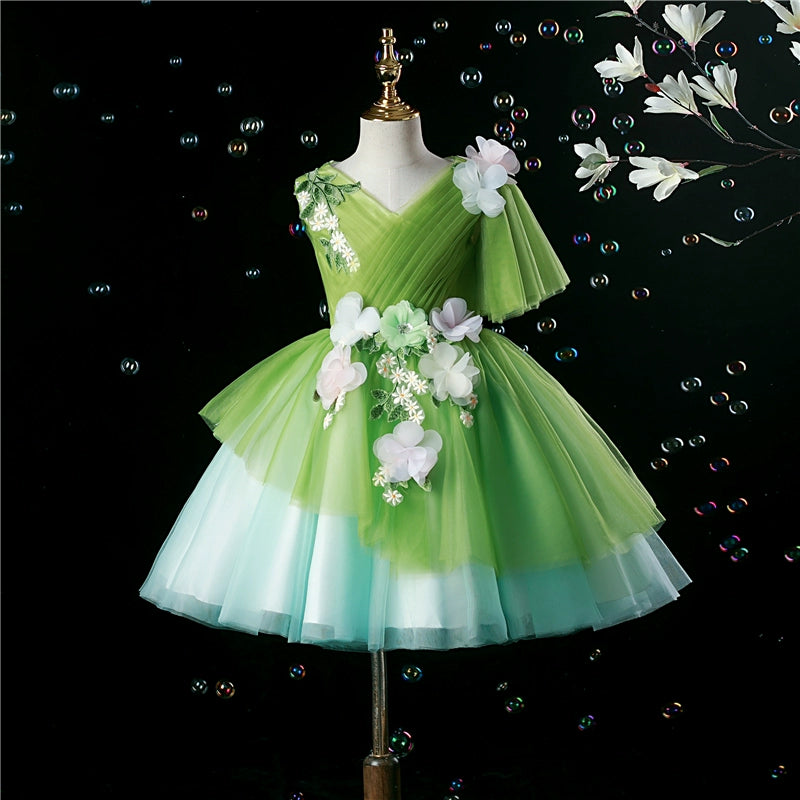Green Puffy V-Neck Tulle Flower Girl Dress - Green / 9-10 Years (150cm) - Fleur Kids Green Puffy V-Neck Tulle Flower Girl Dress - Green / 9-10 Years (150cm) - Fleur Kids