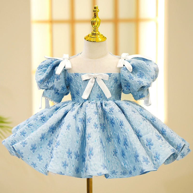 Light Blue Fairy Princess Illusion Neck Ball Gown Dress for Girls - Light Blue / 7-8 Years (140cm)