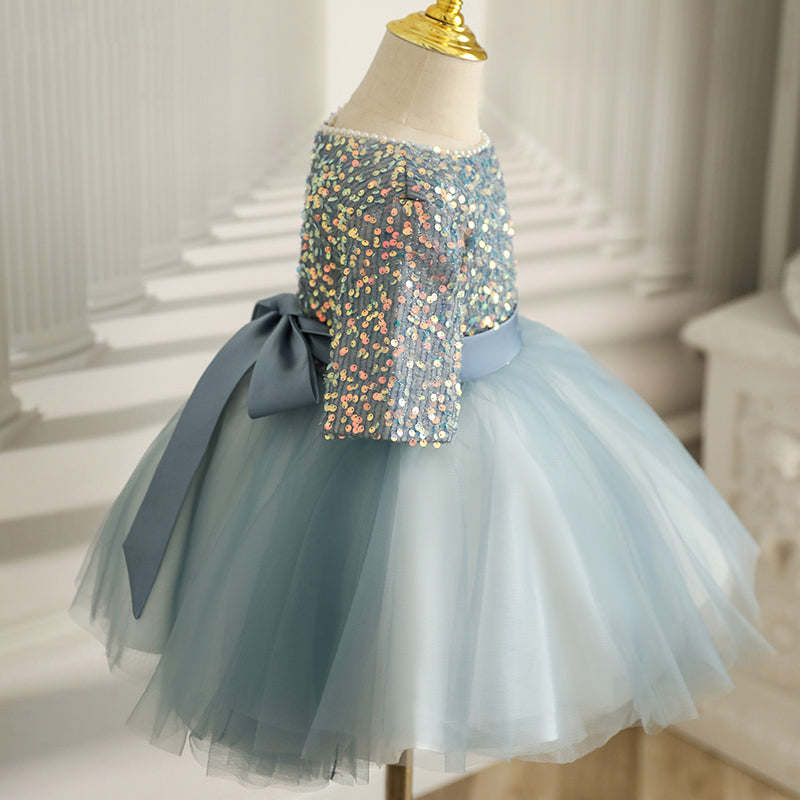 Light Blue Sequin Tulle Princess Dress for Girls – Puffy Flower Girl & Party Dress