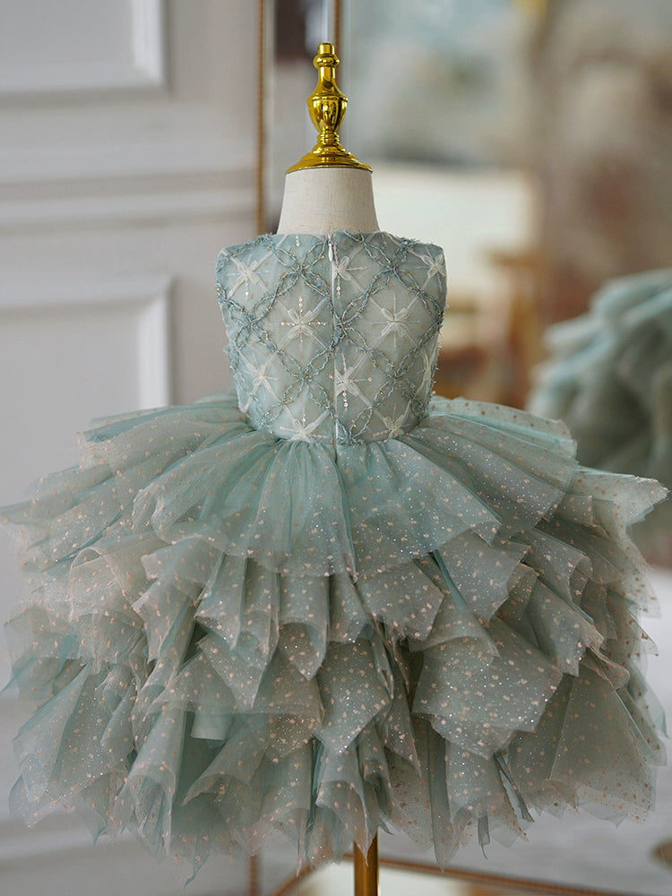 Light Green Puffy Tulle Flower Girl Dress – Tea Length Party Gown for Kids Aged 2-12