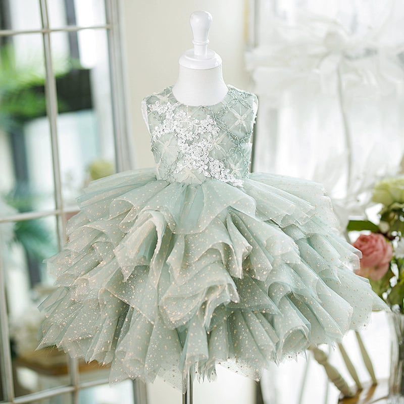 Light Green Tulle Flower Girl Dress with Tiered Skirt and Lace Applique - Light Green / 5-6 Years (130cm) - Fleur Kids Light Green Tulle Flower Girl Dress with Tiered Skirt and Lace Applique - Light Green / 5-6 Years (130cm) - Fleur Kids