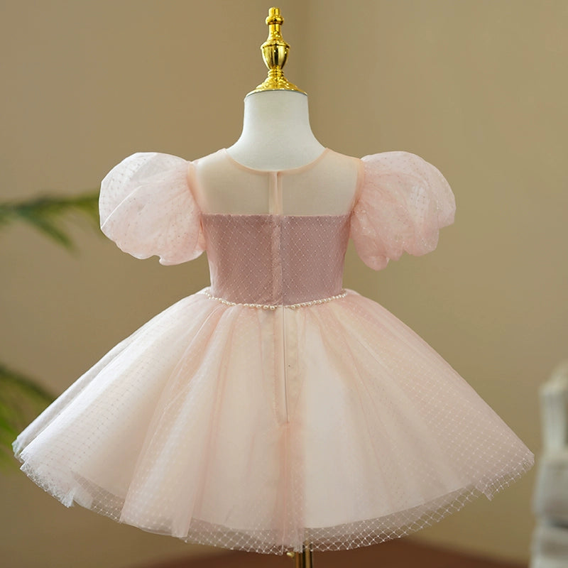 Light Pink Princess Ball Gown for Girls – Puffy Mesh Dress with Sequins & Beads