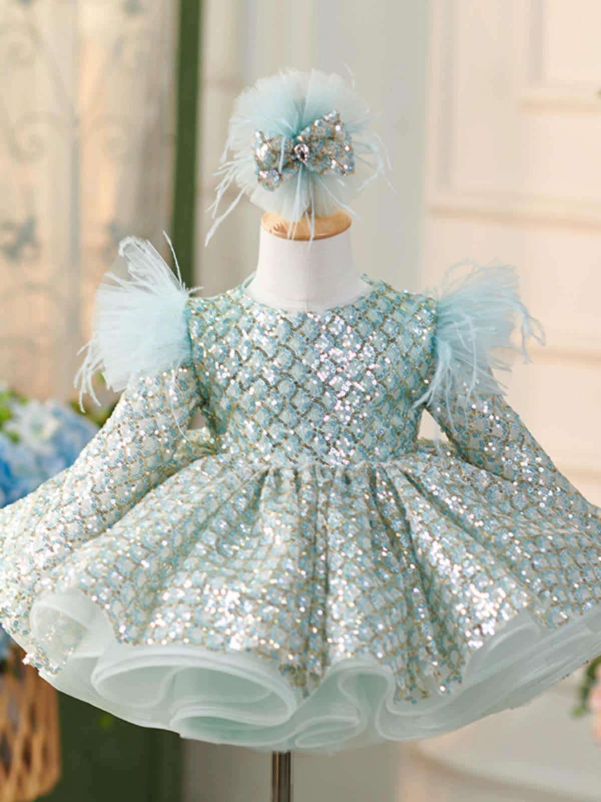 Mint Green Sequin Flower Girl Dress – Princess Ball Gown for Kids