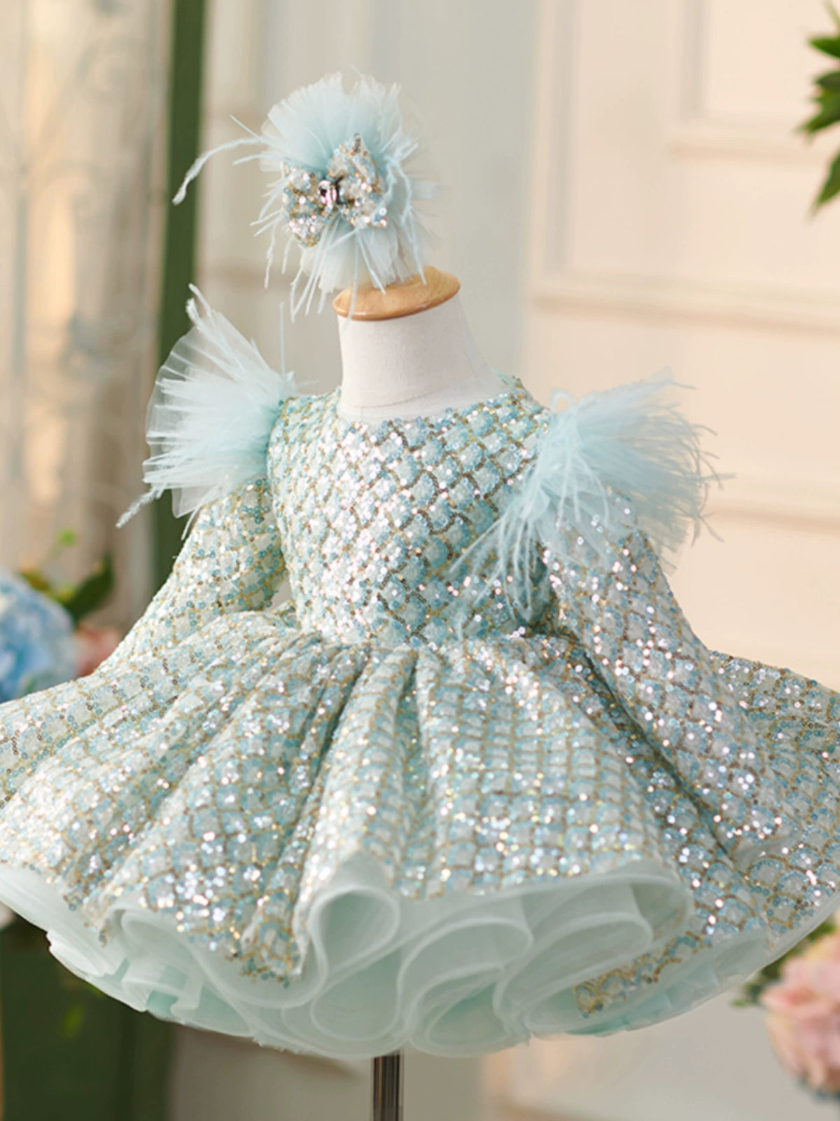 Mint Green Sequin Flower Girl Dress – Princess Ball Gown for Kids