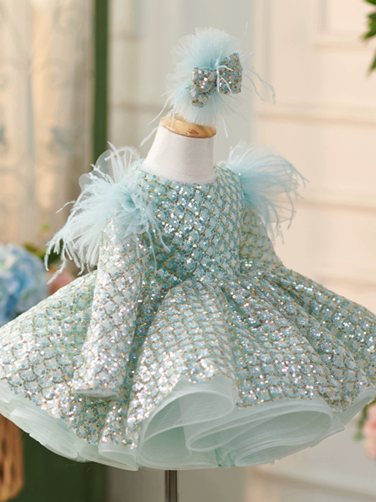 Mint Green Sequin Flower Girl Dress – Princess Ball Gown for Kids
