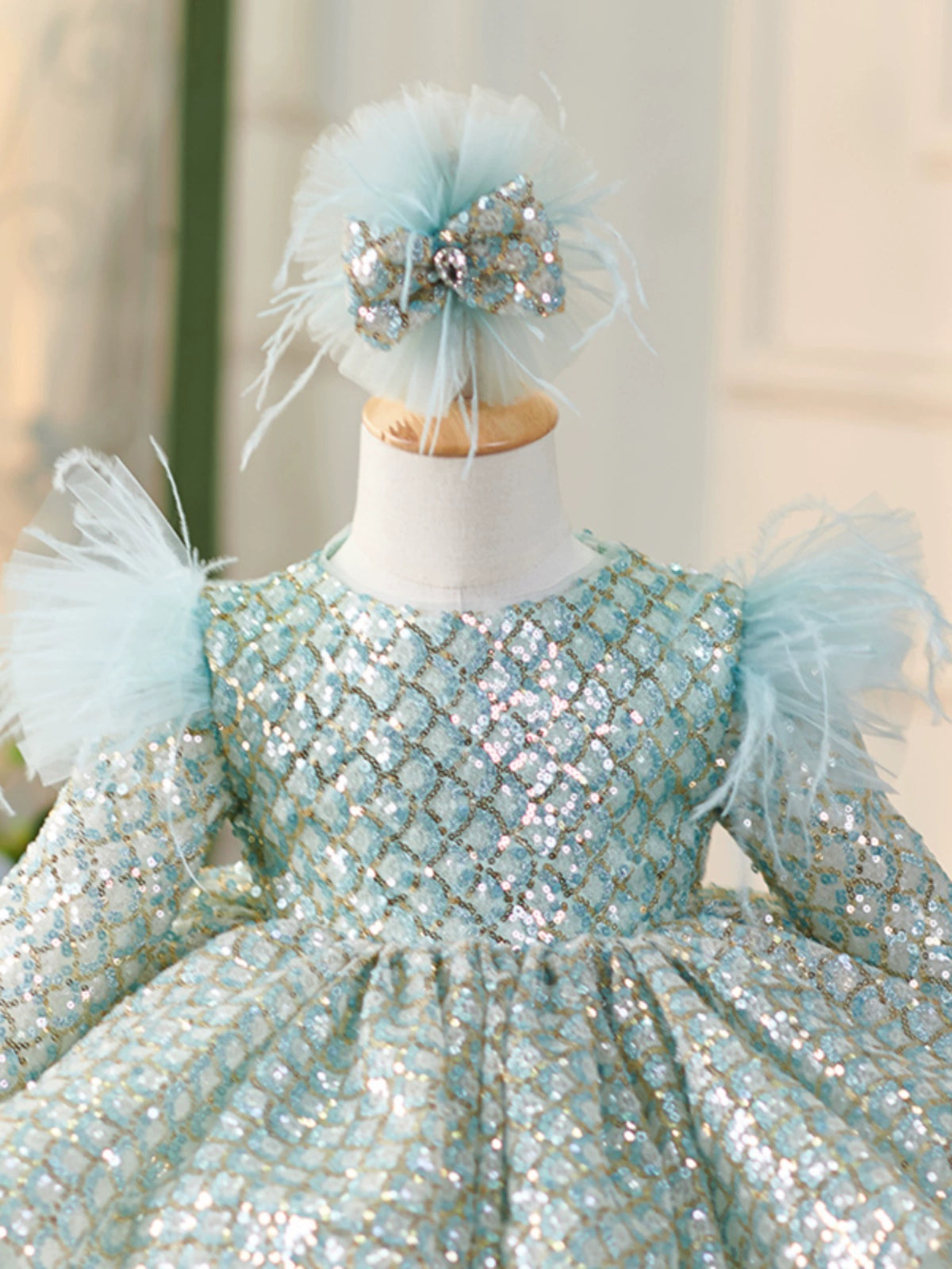Mint Green Sequin Flower Girl Dress – Princess Ball Gown for Kids