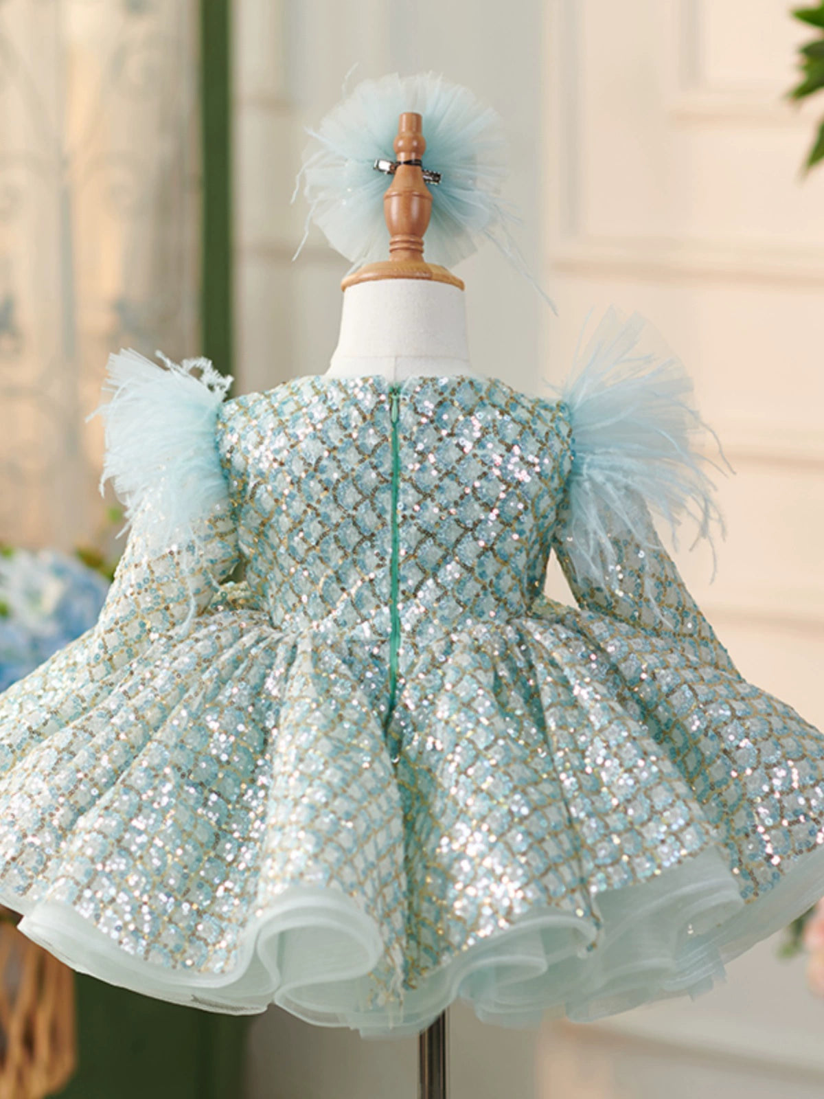 Mint Green Sequin Flower Girl Dress – Princess Ball Gown for Kids