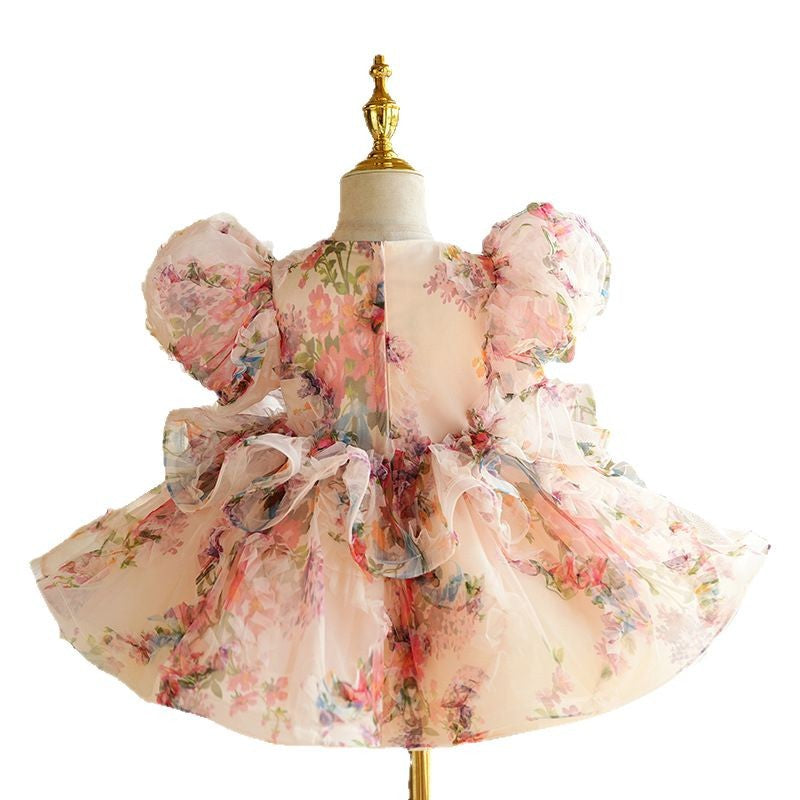 Pink Floral A-Line Tulle Kids Party Dress with Sequins & Beads – Princess Style