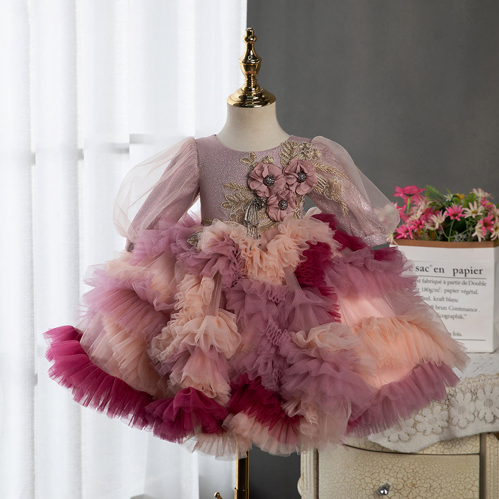 open lace back dress Pink Floral Tiered Tea-Length Princess Dress for Girls - Pink / 7-8 Years (140cm)