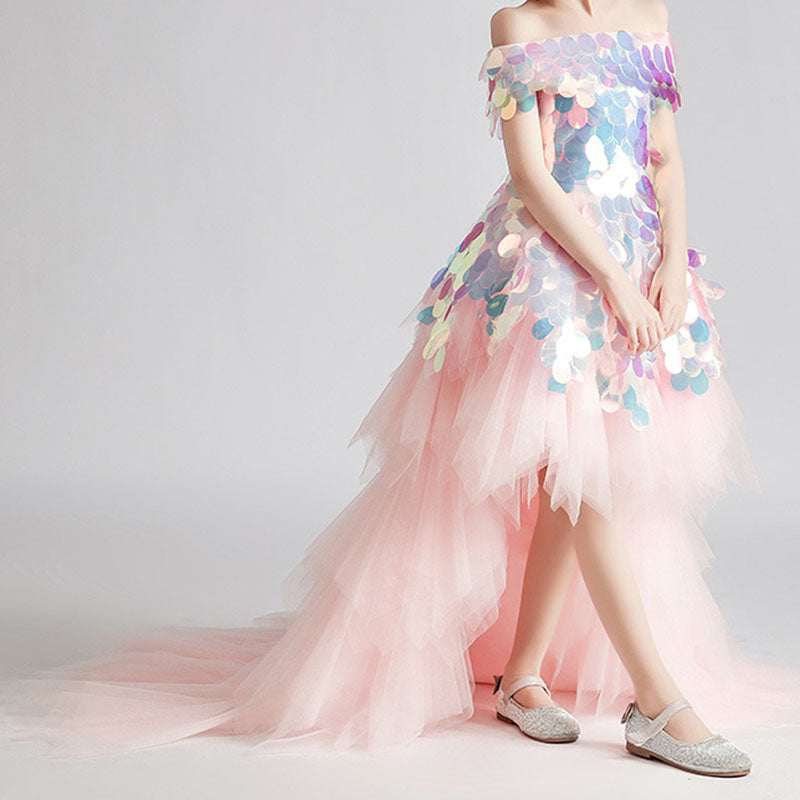 Girls Pink Sequin High-Low Princess Dress with Train - A-line Off Shoulder