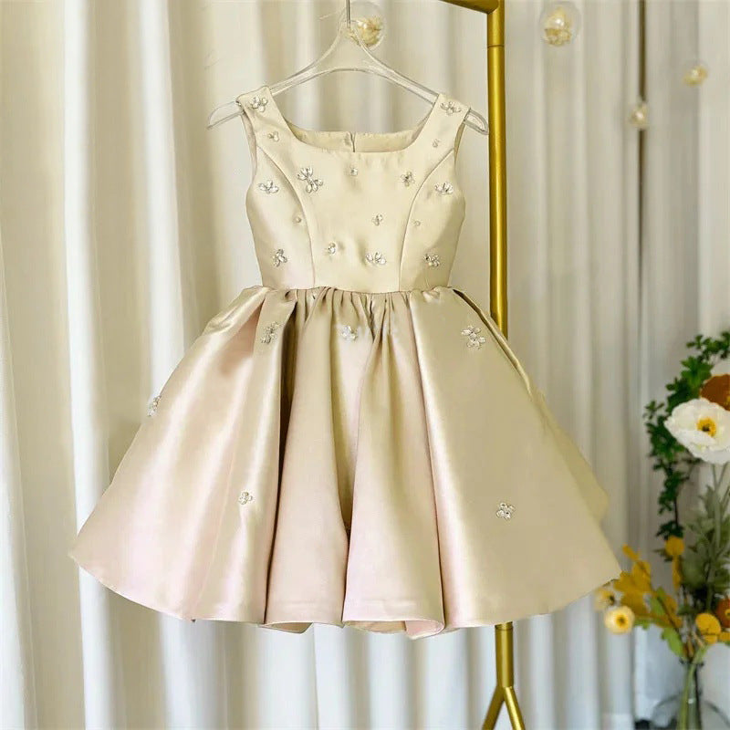 Cute Pink Girls Satin A-Line Dress with Sequins & Ruffles | Party, Wedding & Birthday