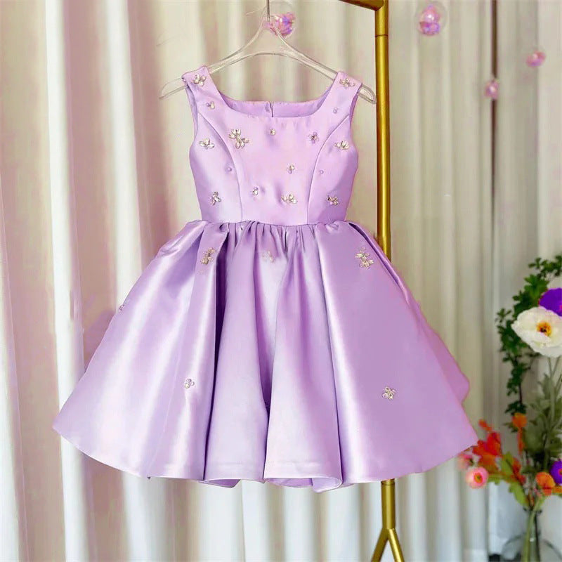 Cute Pink Girls Satin A-Line Dress with Sequins & Ruffles | Party, Wedding & Birthday