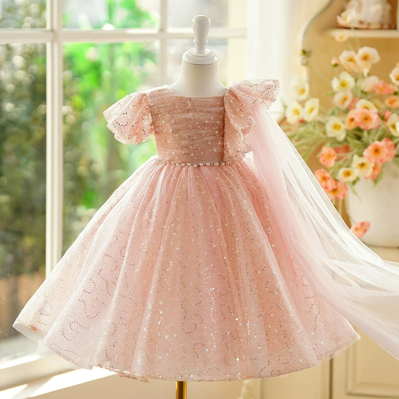 Pink Sequined Back Zip Baptism Sequins Tea Length Short Sleeve Cap Sleeve Scoop Flower Girl Dress